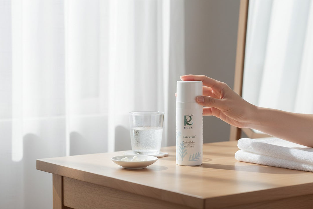RESS Snow White body moisturizer with SPF protection, reduces dark spots and evens skin tone. Natural plant extracts.