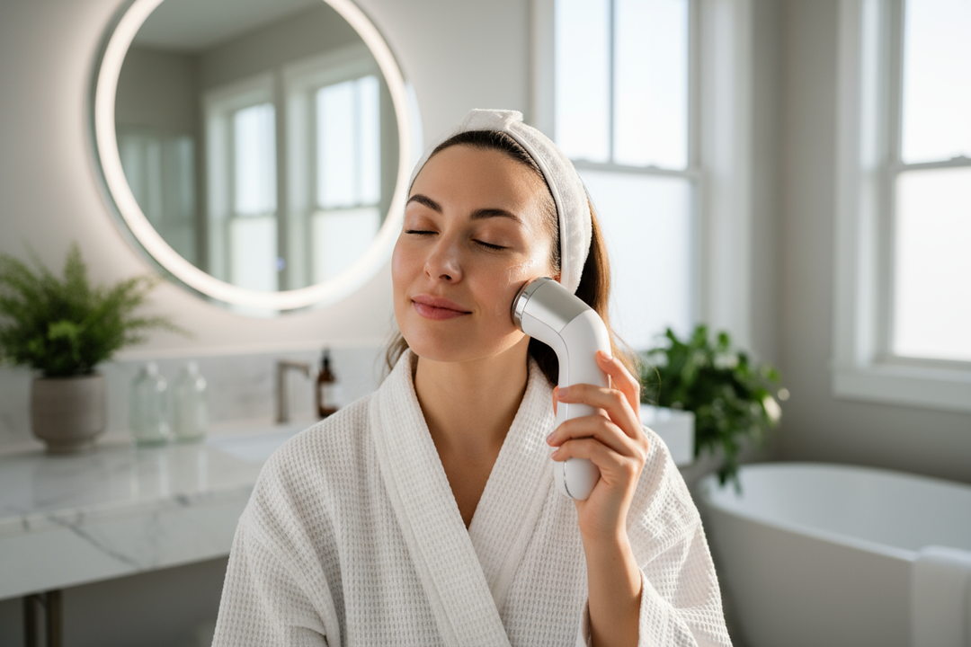 picture of a woman or someone using the 3 in 1 device with serum